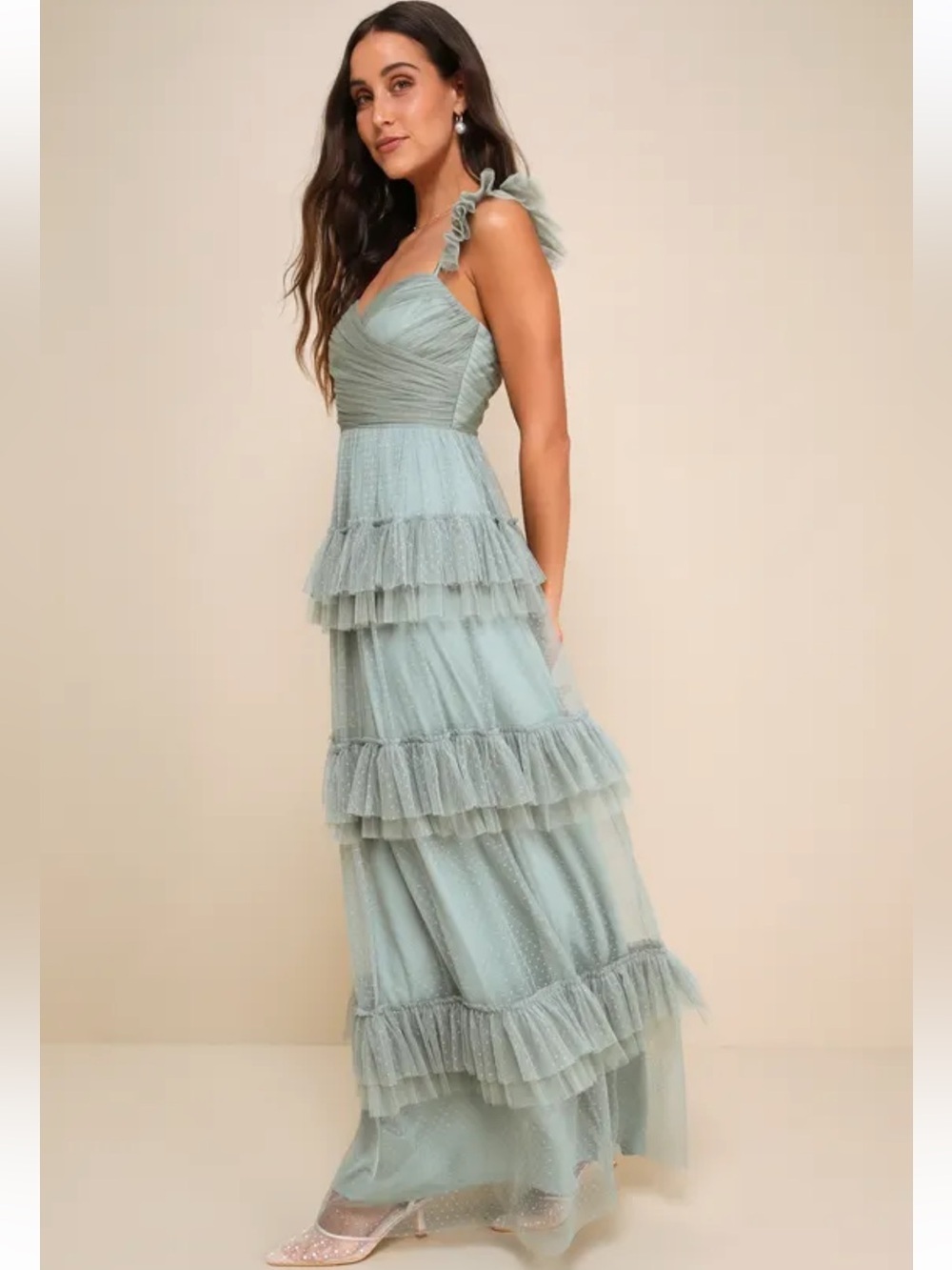 NWT Lulus Pure Radiance Sage Brush Mesh Swiss Dot Tiered Maxi Dress - Picture 4 of 10